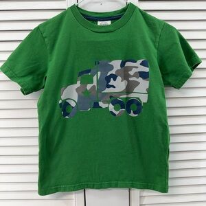 Mini Boden size 7/8 Green T-Shirt with Camouflage Truck Graphic